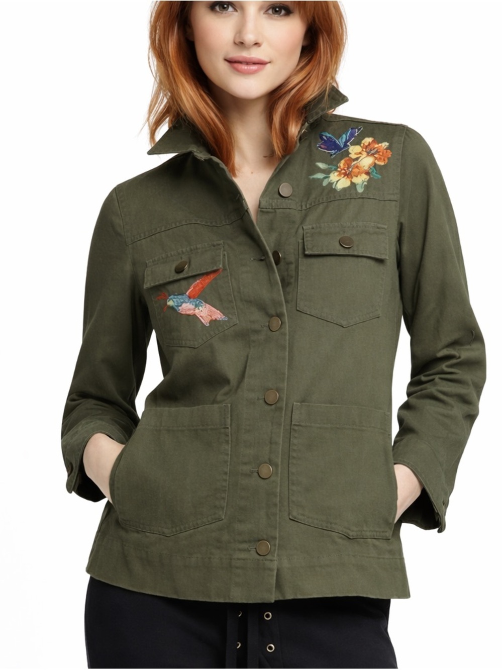 Who What Wear‎ Embroidered Utility Jacket Military Green Shirt Jacket Size L